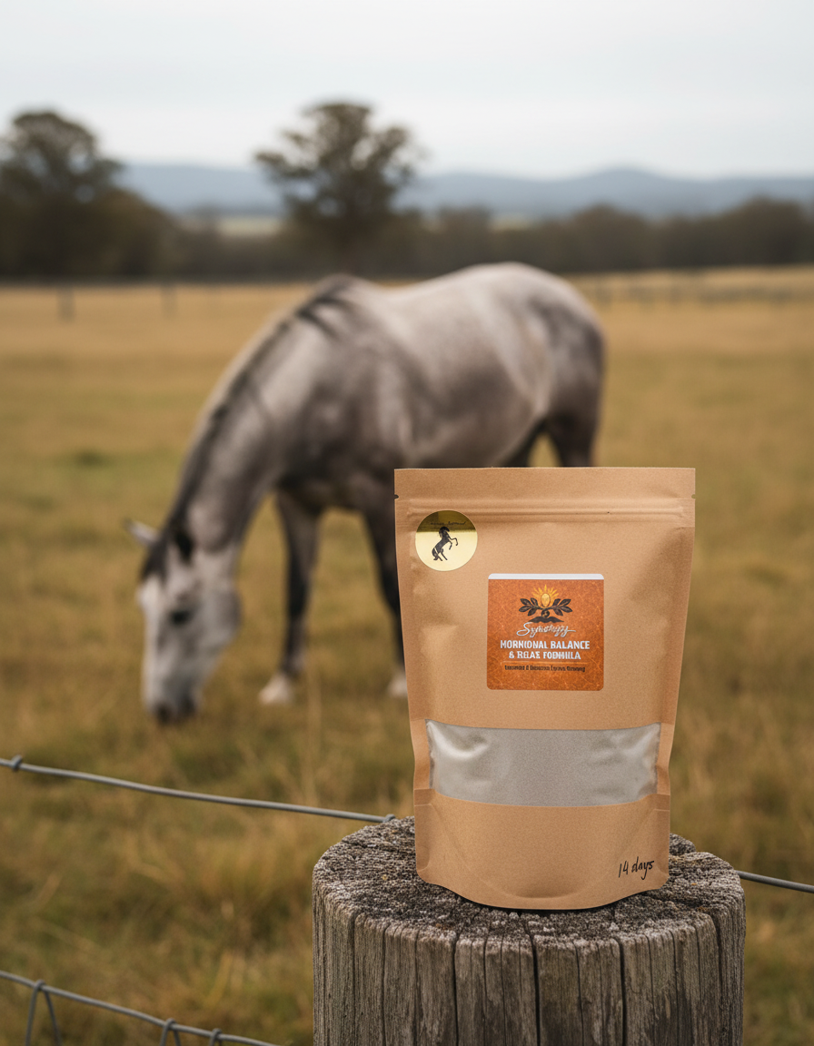 Hormonal Balance & Relax pouch on a timber post with a mare grazing behind