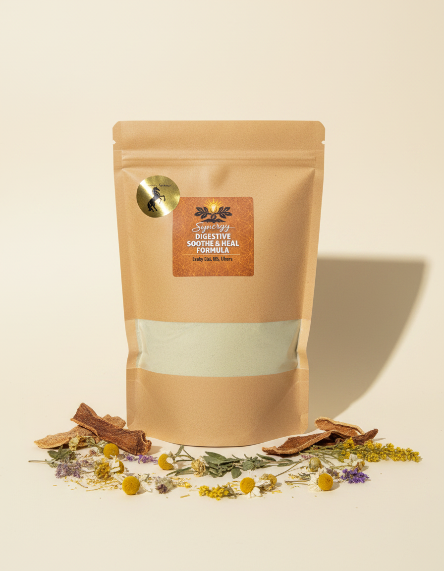 Digestive Soothe & Heal pouch with slippery elm and chamomile on a cream backdrop