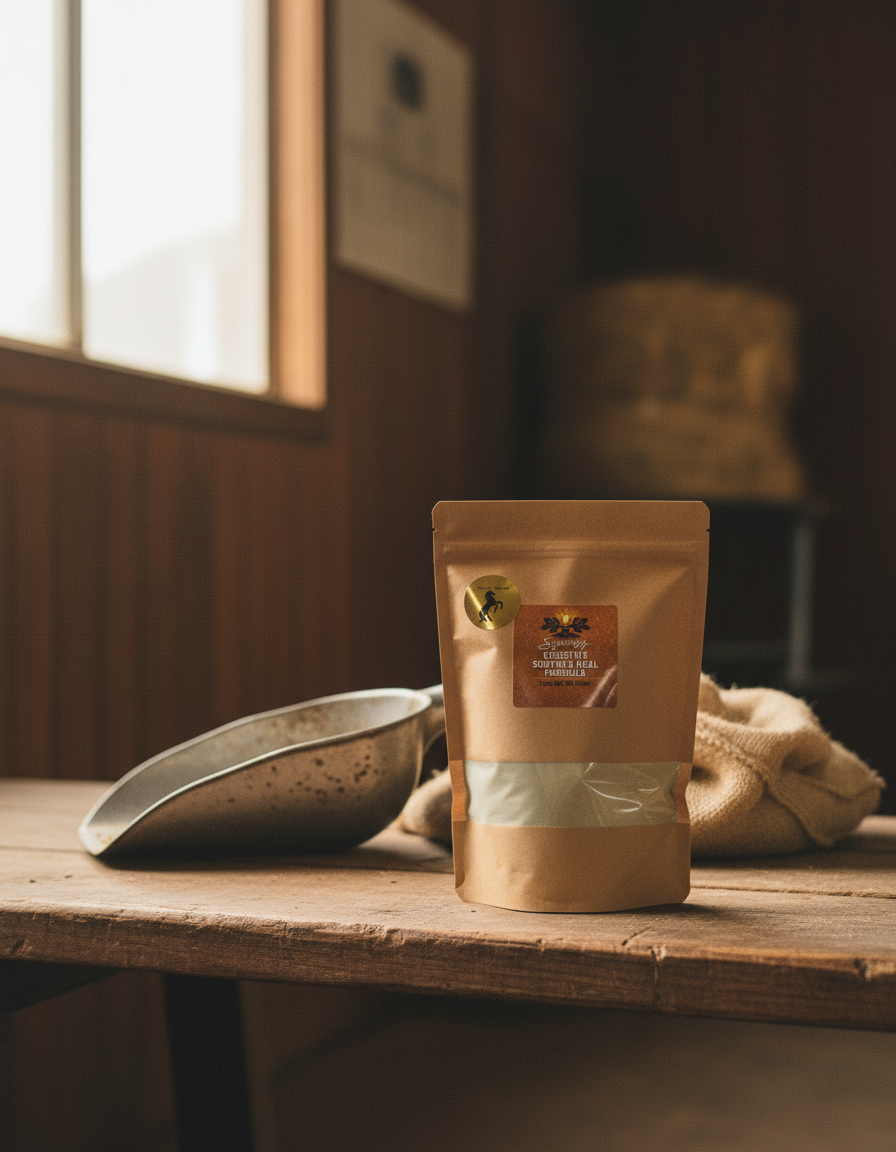 Digestive Soothe & Heal pouch on a stable feed-room bench