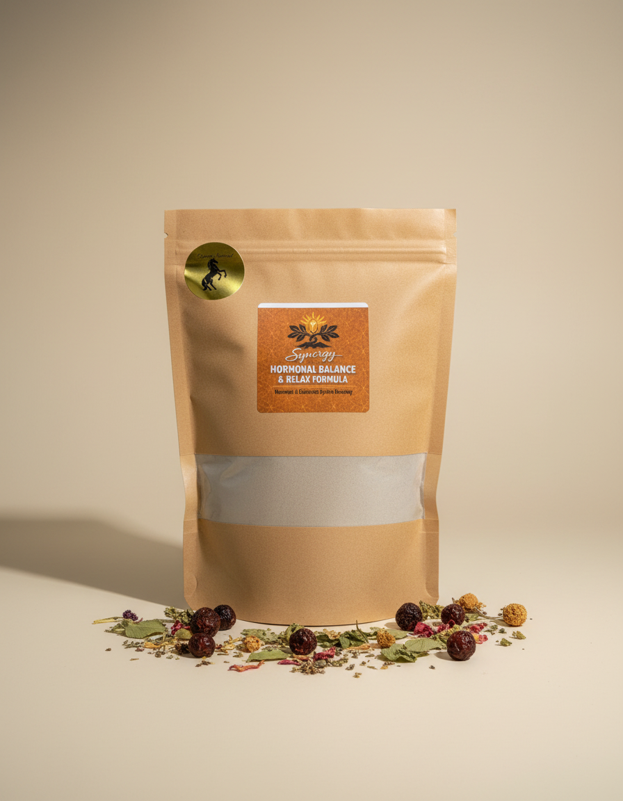 Hormonal Balance & Relax pouch with chaste berry and raspberry leaf on a cream backdrop