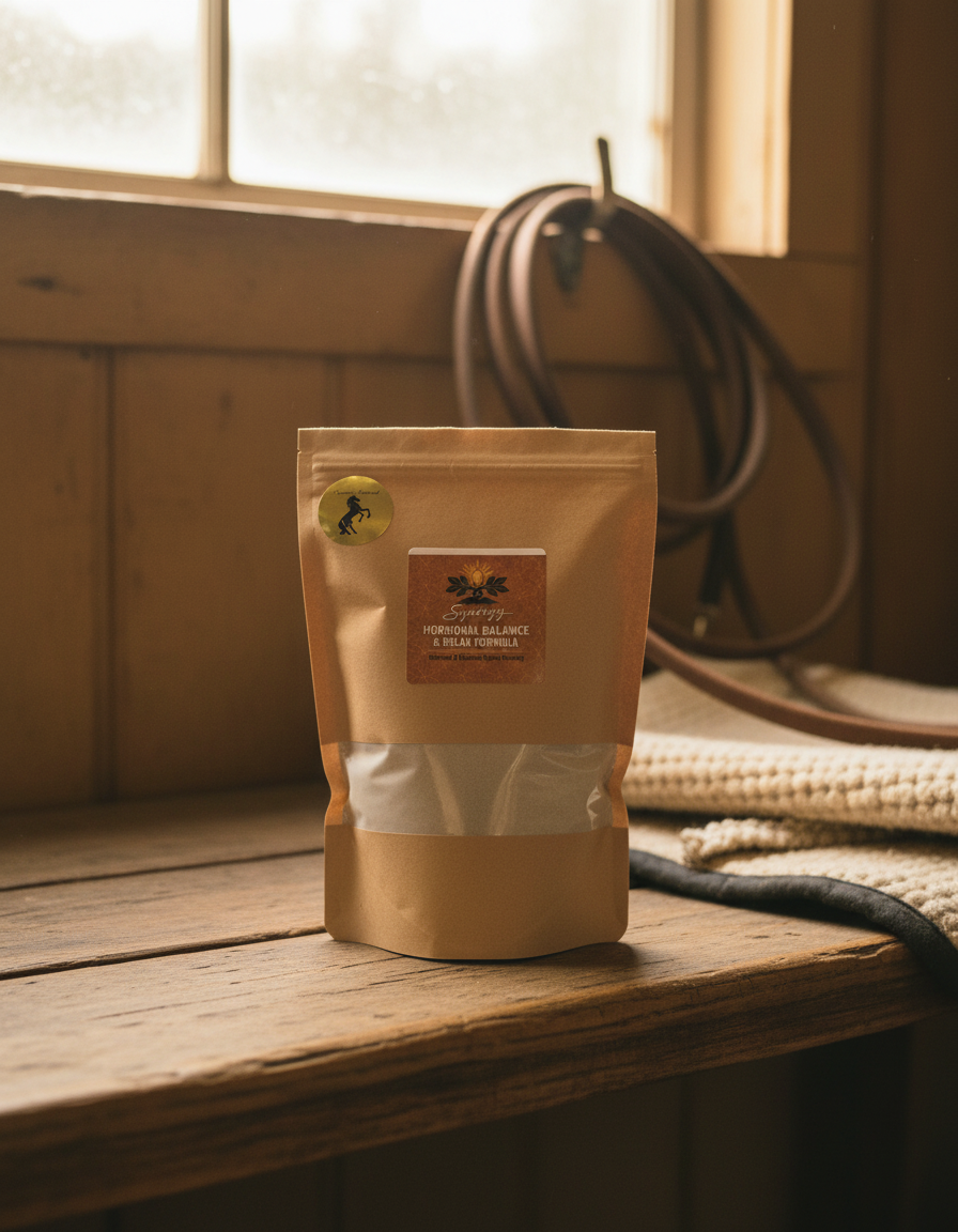 Hormonal Balance & Relax pouch on a tack-room bench