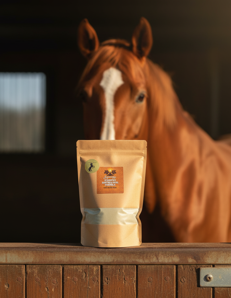 Digestive Soothe & Heal pouch on a stable door with a horse looking out behind